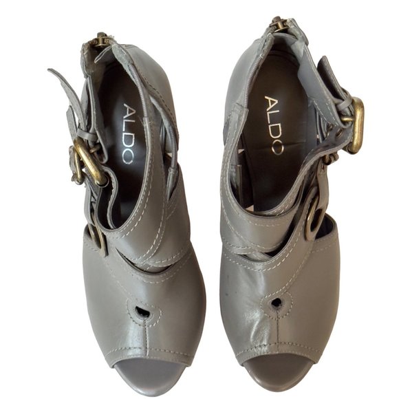 Aldo Shoes Gray Leather Buckle Peep Toe Platform High Heel Bootie Women Eu 38 US - Picture 3 of 15